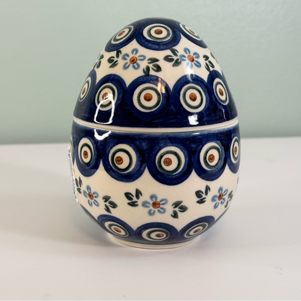 Boleslawiec Polish Pottery Easter Egg Container Candy 5” Handmade White Blue - Picture 2 of 10